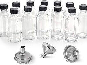 12 Pack, 2 oz Small Clear Glass Bottles with Lids & 3 Stainl